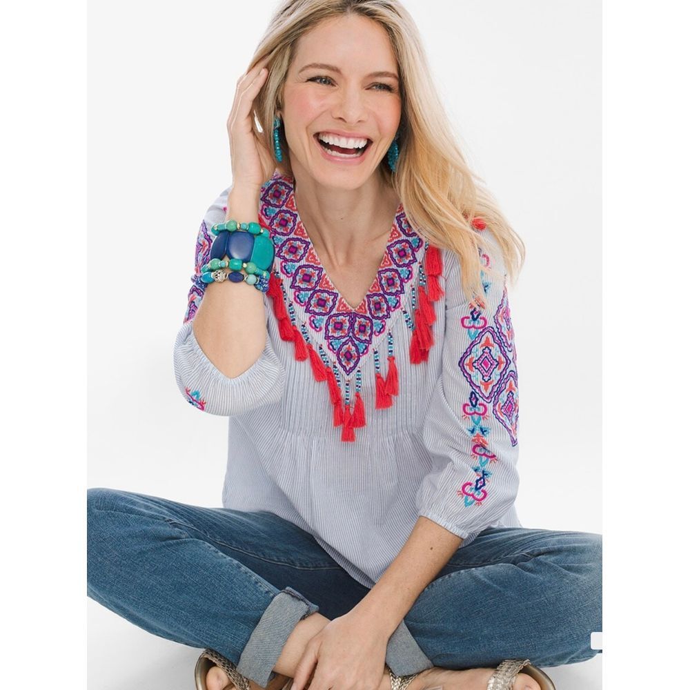 CHICO'S Pinstriped Embroidered Tassel Trim Beaded Peasant Top Size 3P Large Boho - Picture 11 of 11